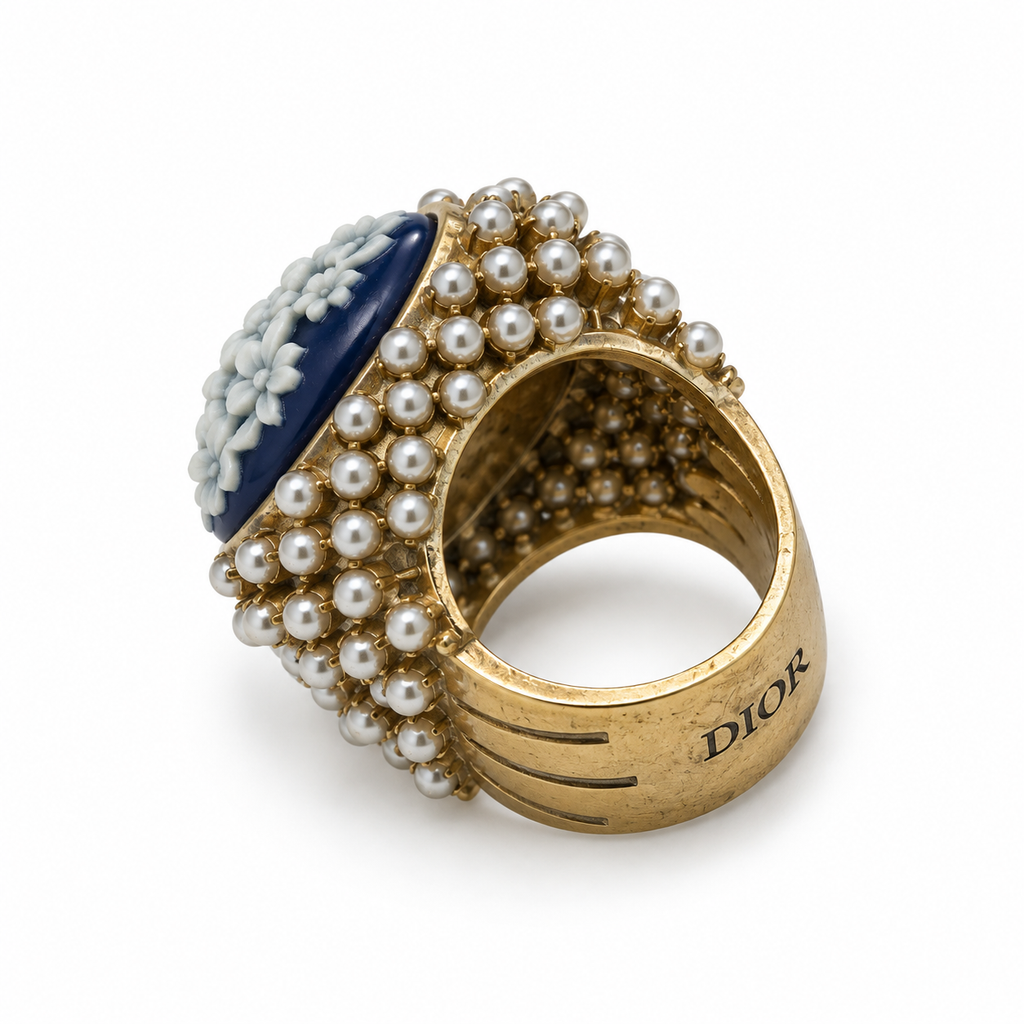 Dior ornate ring with pearls featuring intricate gold detailing and elegant design, perfect for sophisticated jewelry collection.