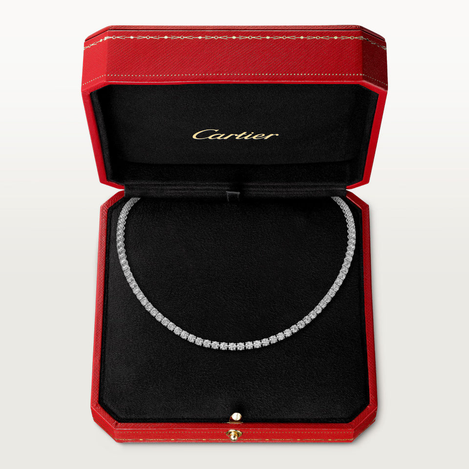 Cartier Essential Lines Necklace in a jewelry box, showcasing a delicate, fine jewelry piece with sleek, minimalist design.