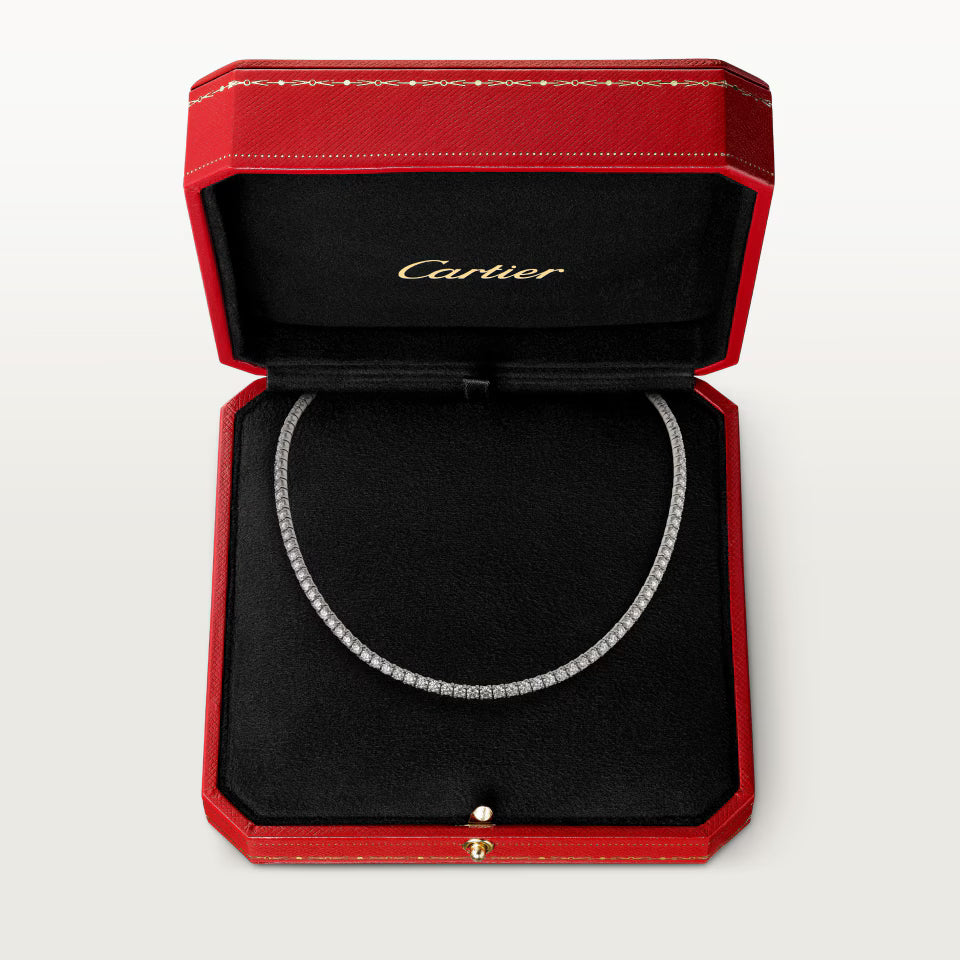 Cartier Essential Lines Riviera Necklace in small size, featuring sleek gold design displayed in a jewelry box.
