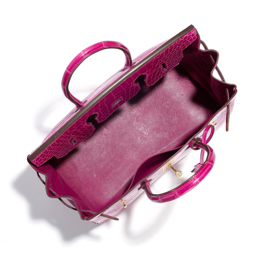 Hermès Birkin 35 Rose Sheherazade GHW top handle bag with gold hardware, showcasing luxurious leather and elegant design.