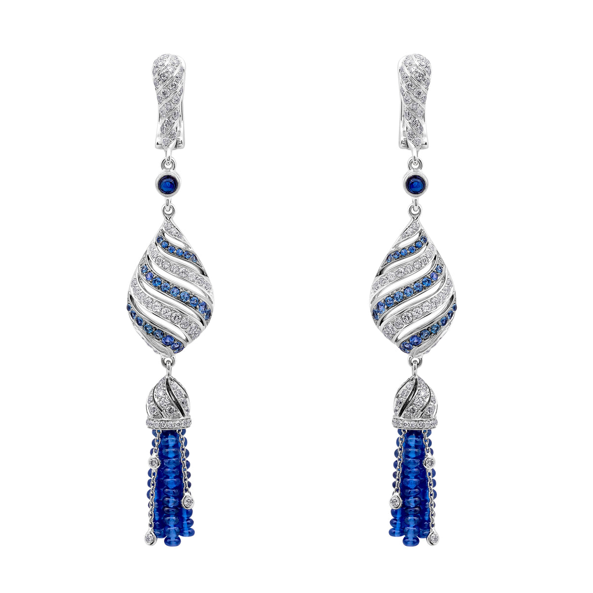 Gilan Blue Sapphire Drop Earrings showcasing blue sapphires set in elegant earrings with a silver finish.