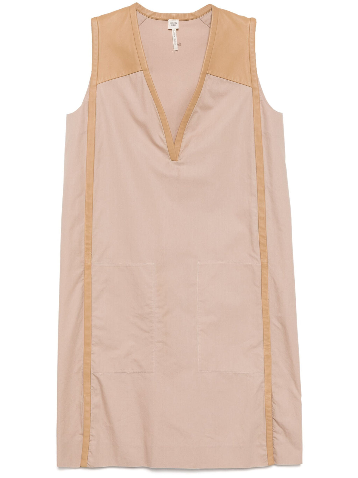 Hermès V-neck beige dress, elegant sleeveless dress with a flowy silhouette, perfect for stylish summer wear.