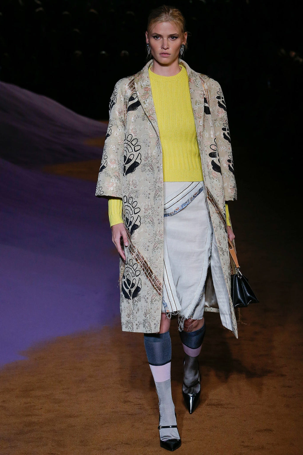 Prada embroidered floral coat with intricate floral embroidery, stylish long coat for women, elegant outerwear design.