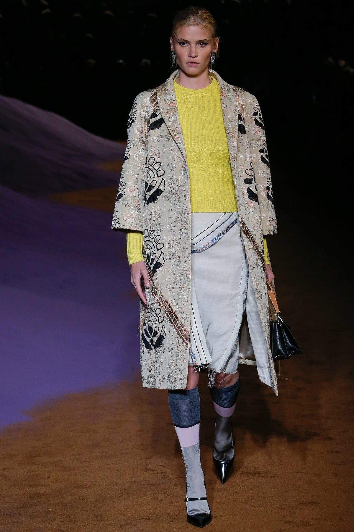 Prada embroidered floral coat with intricate floral embroidery, stylish long coat for women, elegant outerwear design.