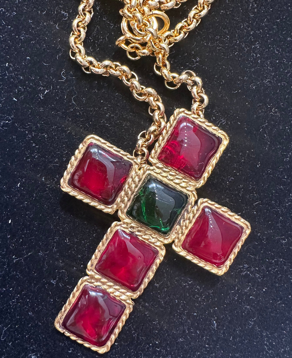 Vintage Finds Gripoix cabochon cross motif necklace with colorful glass stones and intricate design, elegant jewelry accessory.