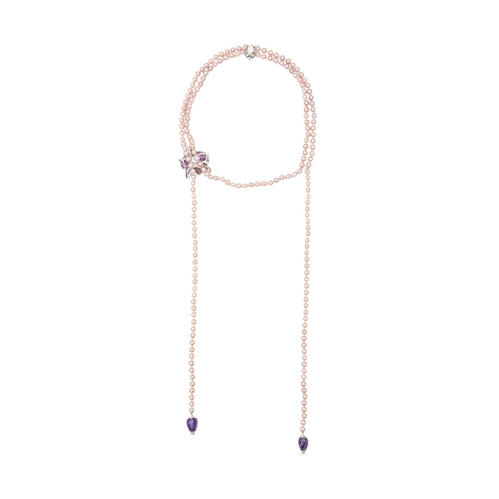 Cartier pearl necklace with amethyst pendant, fine jewelry featuring elegant white pearls and a purple amethyst gemstone.