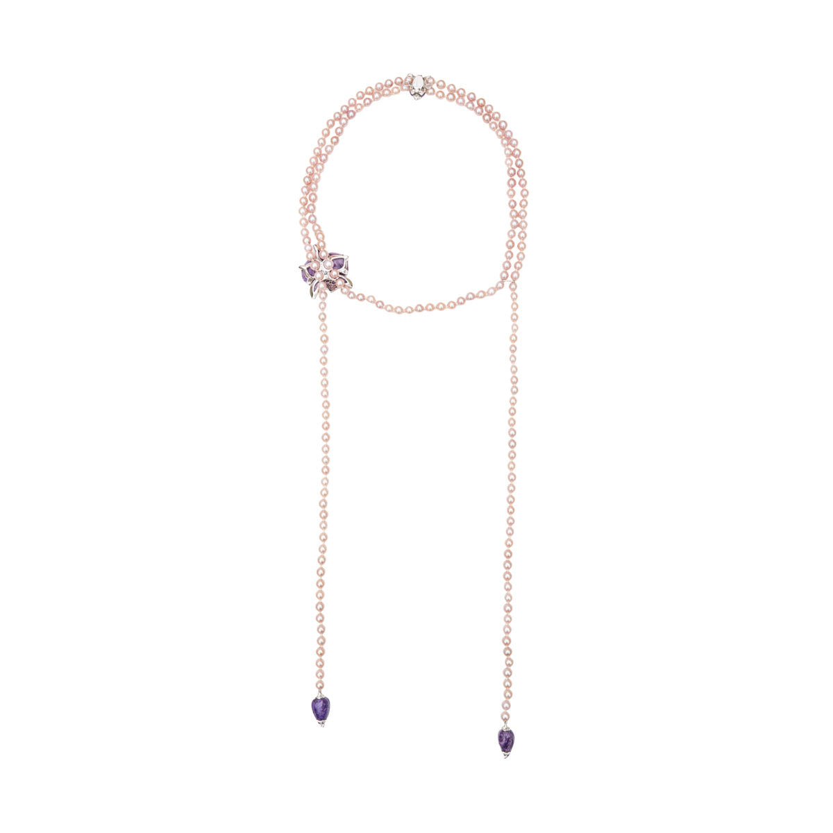 Cartier pearl necklace with amethyst pendant, fine jewelry featuring elegant white pearls and a purple amethyst gemstone.