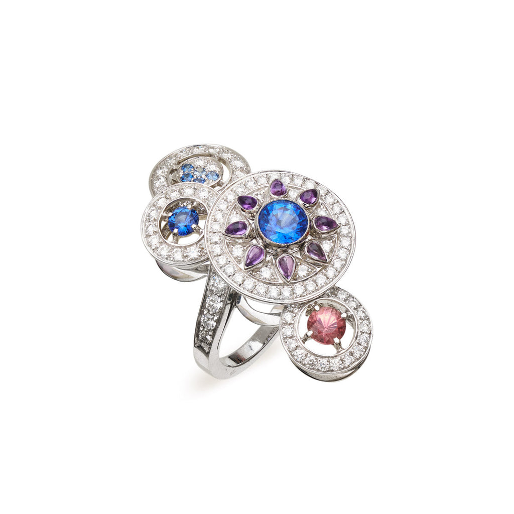Boucheron Shéhérazade ring featuring intricate gold and gemstone design, elegant jewelry piece on a white background.