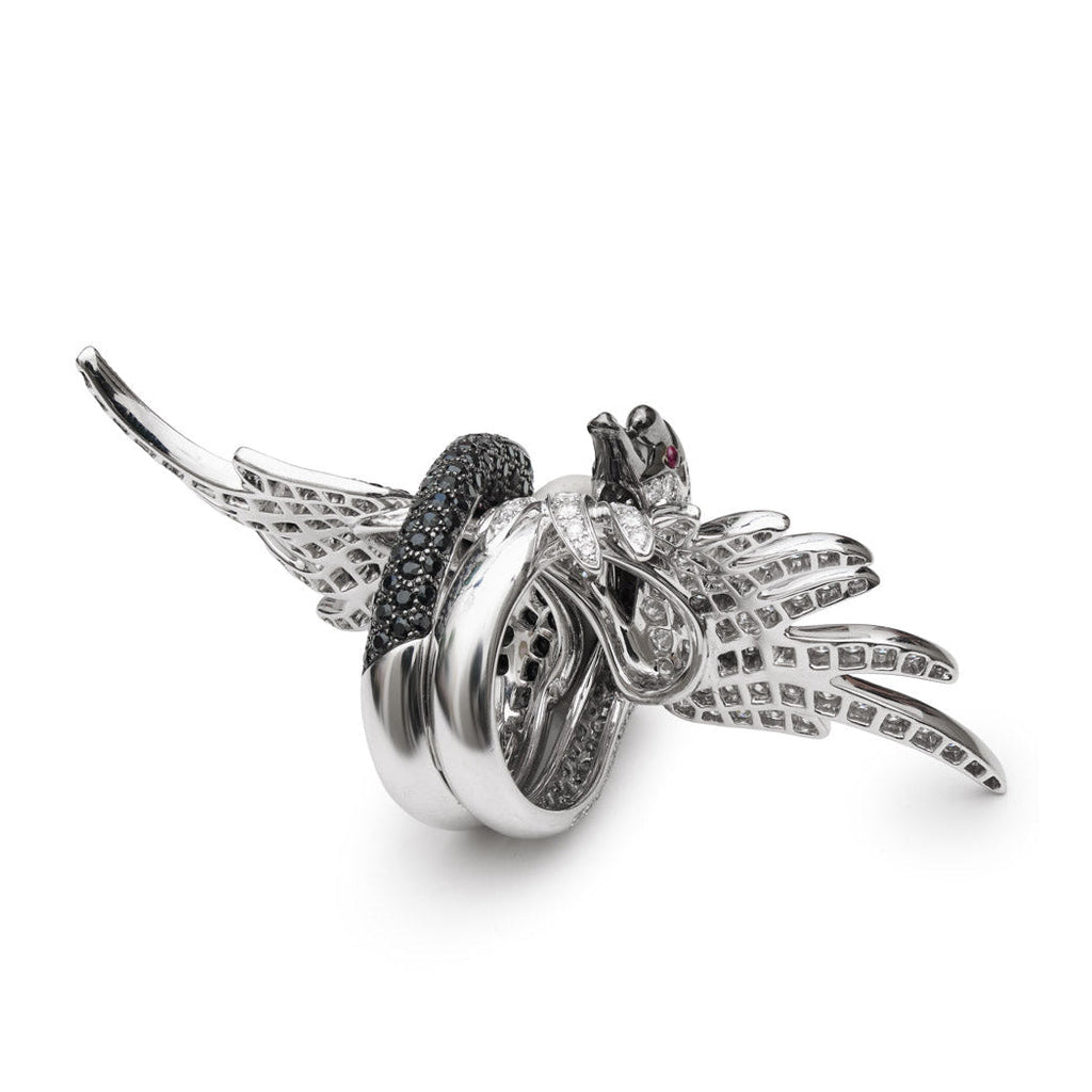 Boucheron Cypris Swan black diamond ring showcasing a sleek design with a black diamond centerpiece and elegant detailing.