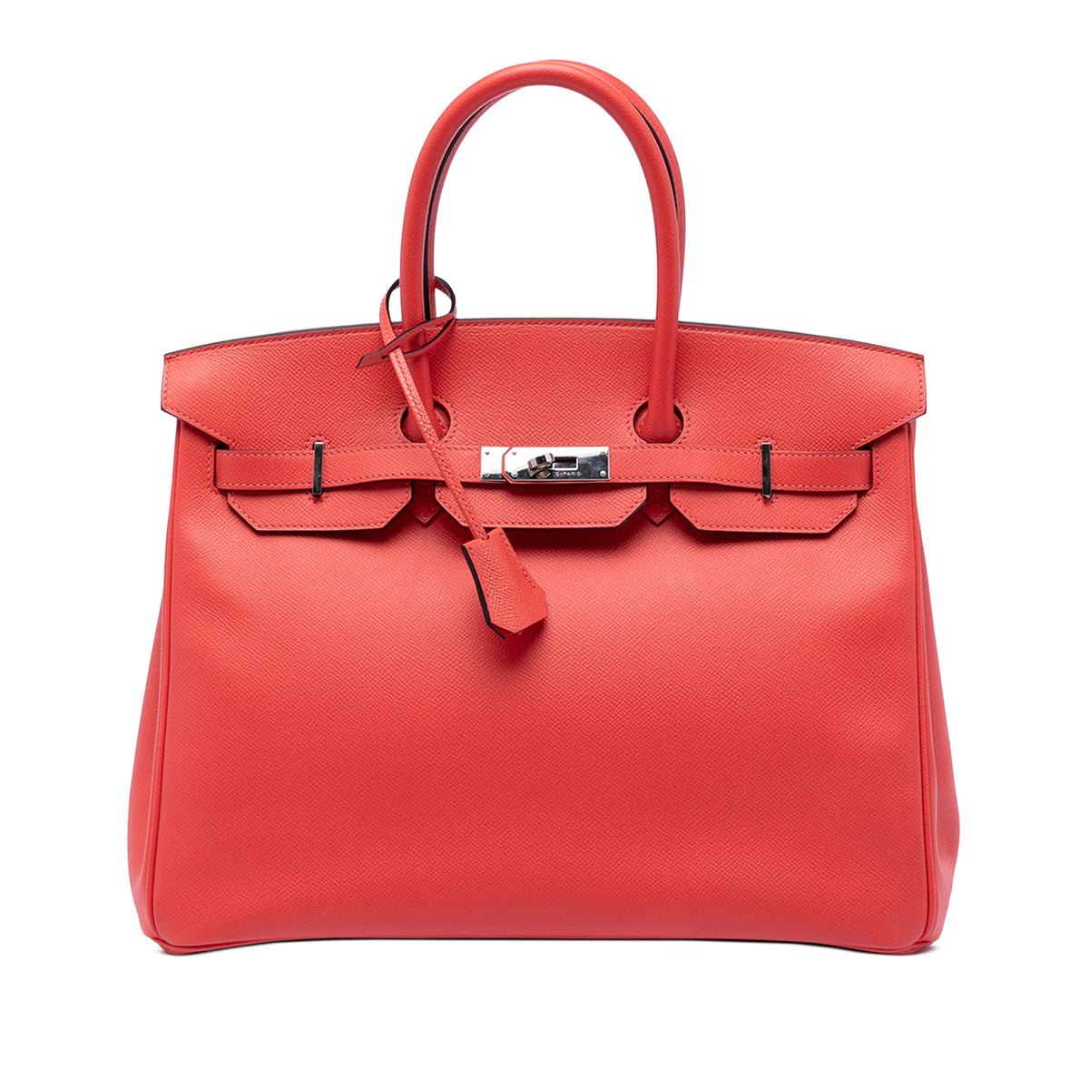 Hermès Birkin 35 Retourne Epsom PHW top handle bag in light beige with gold hardware, displayed against a neutral background.