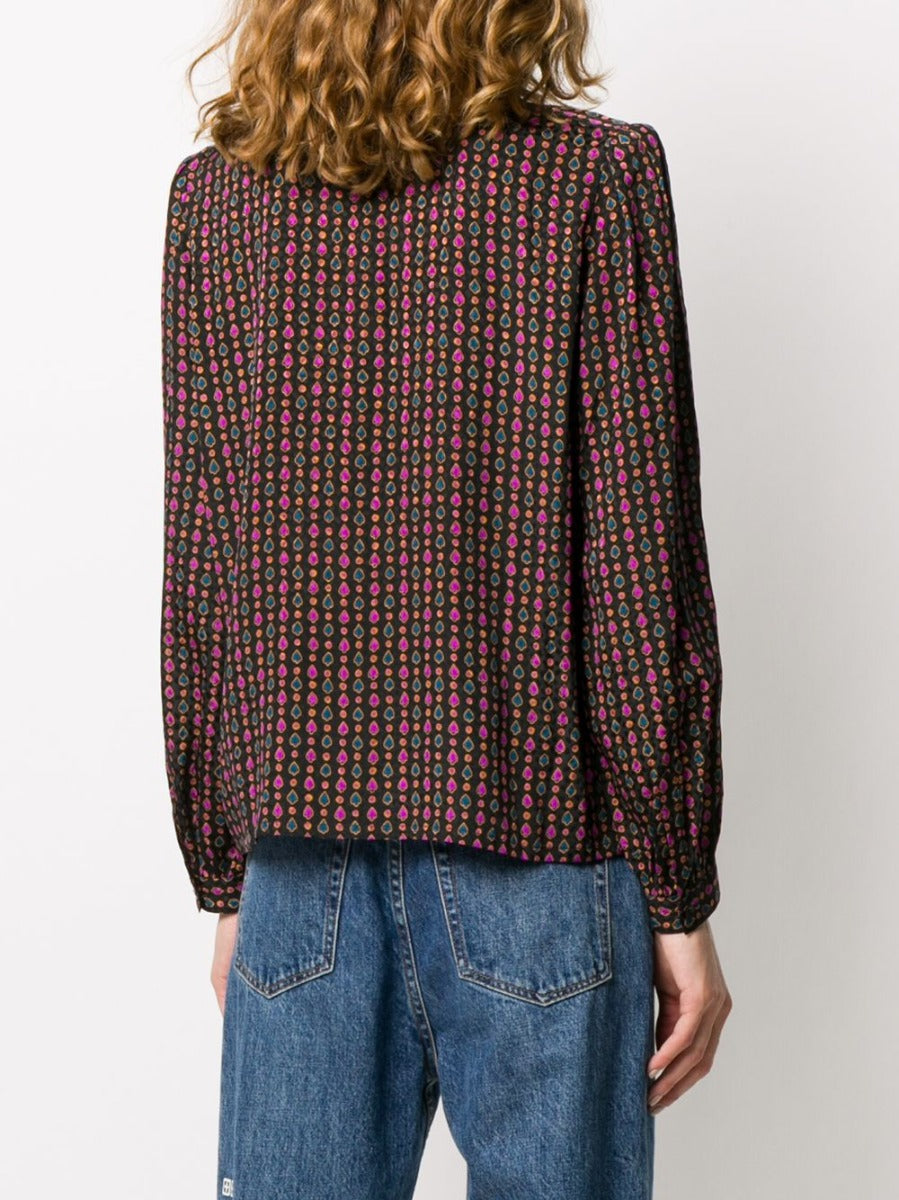 Black silk blouse with printed 'Ace Of Spades' design, elegant top from Other Designers' collection.