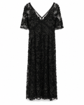 Louis Vuitton black floral lace dress with deep V-neckline, sheer short sleeves, defined underbust seam and long flowing silhouette.