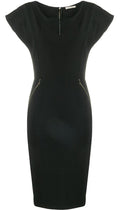 Nina Ricci black shift dress displayed on a hanger, showcasing a sleek, minimalist design with long sleeves and a fitted silhouette.