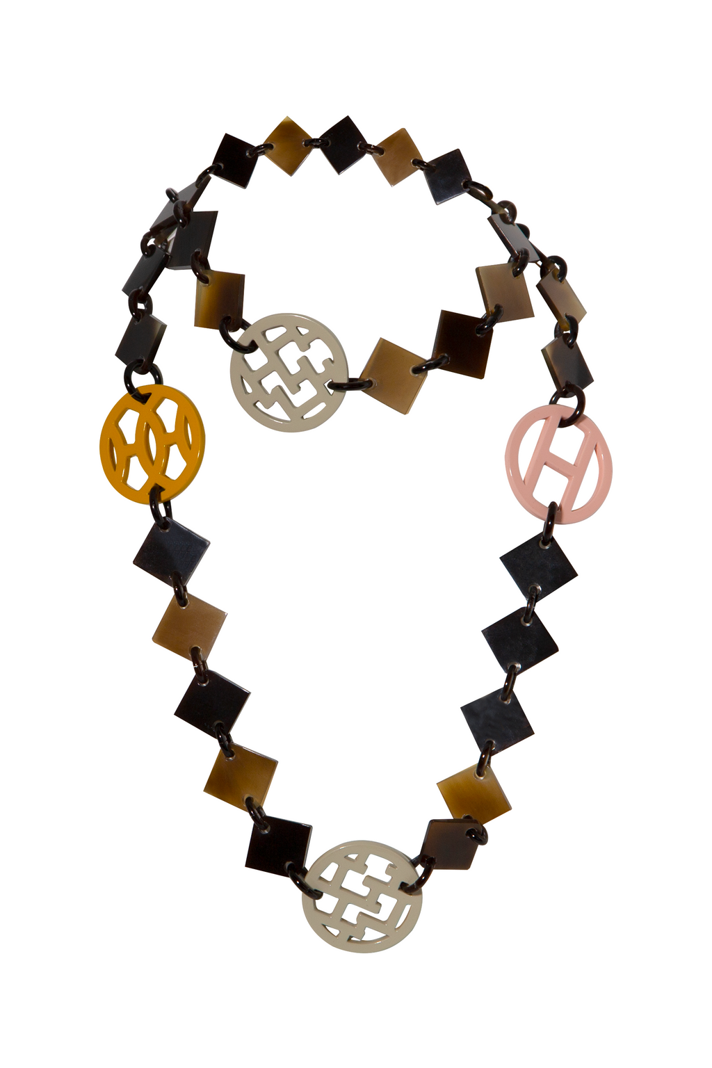Hermès Pastel and multicolour lacquer Lena necklace with vibrant, layered beads and gold accents, styled on a white background.