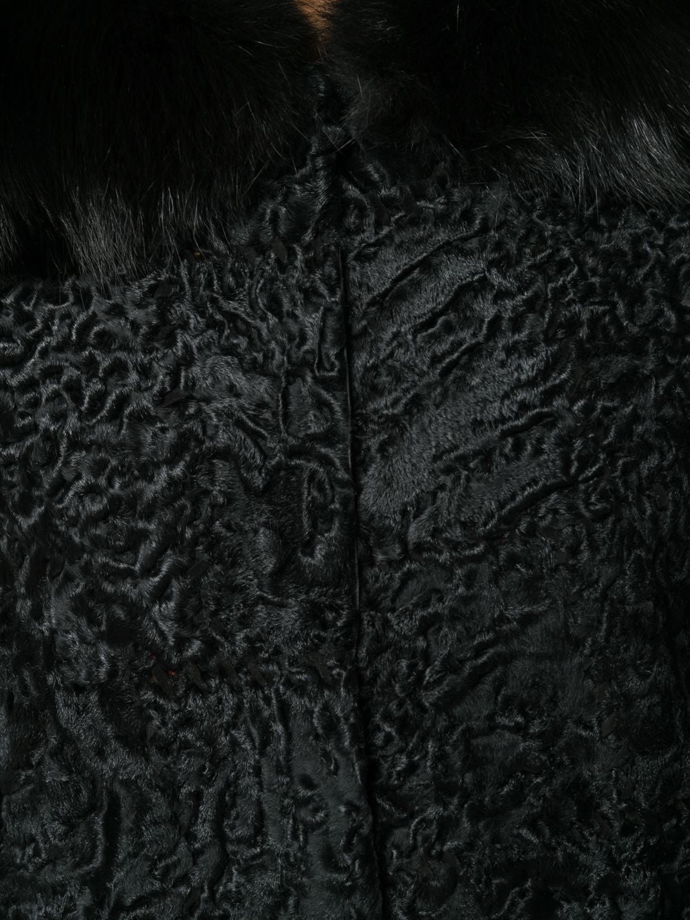 Prada black jacquard Astrakhan coat featuring textured fabric, tailored fit, and classic collar detail, displayed on a hanger.