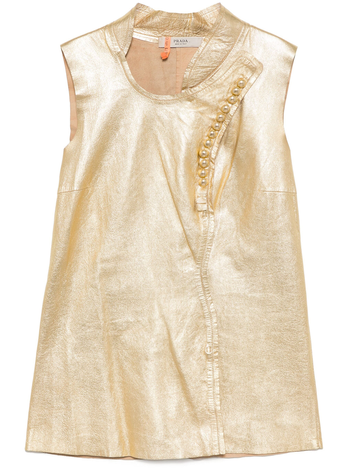 Prada sleeveless golden leather vest with button details, stylish tops garment for a modern, chic look.