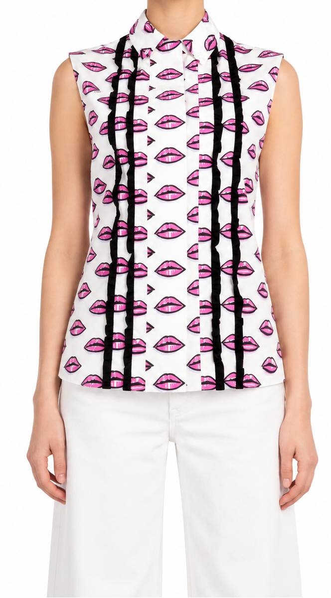 Prada kiss print sleeveless shirt with bold graphic design, featuring a relaxed fit and stylish sleeveless cut.