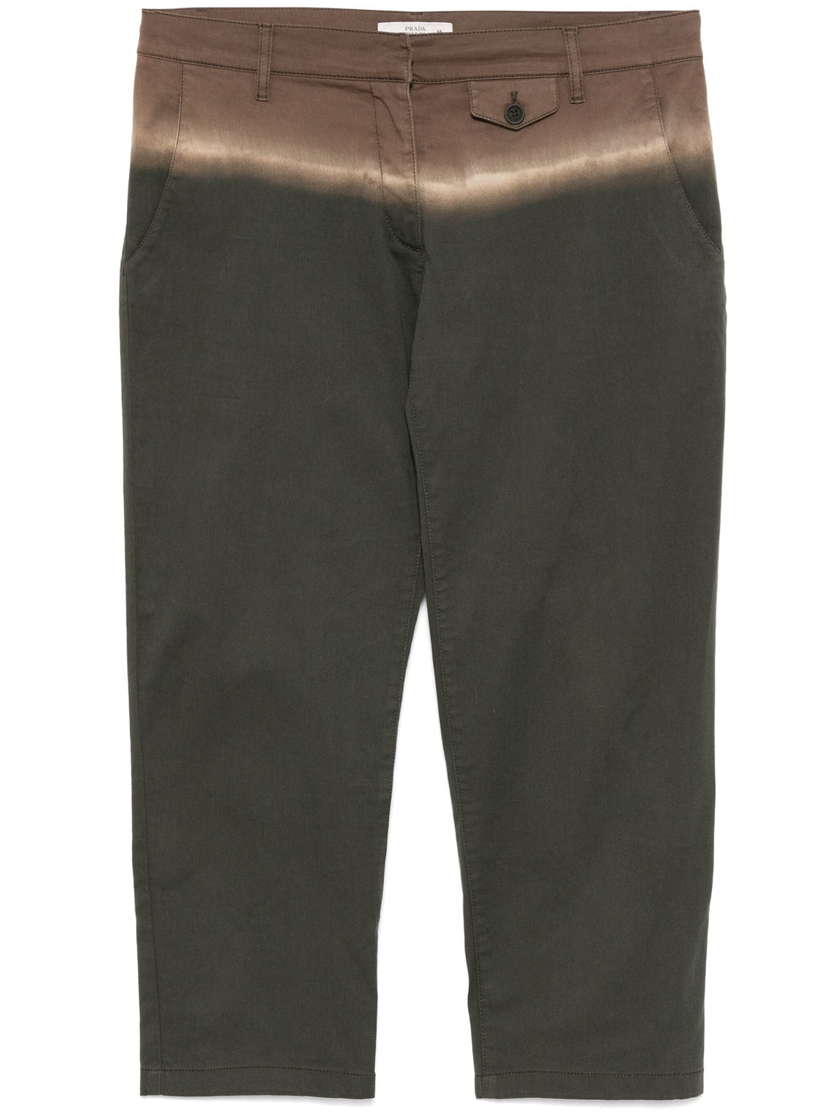 Prada ombré cropped trousers with high waist and relaxed fit, featuring a gradient color pattern and tailored design.