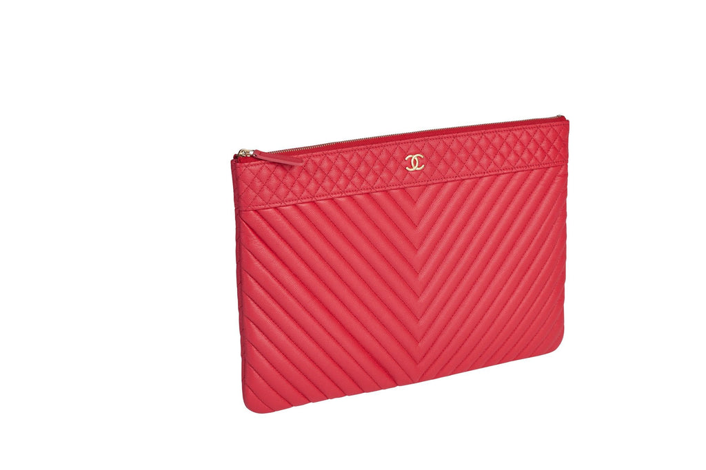Chanel BNIB Coral Caviar Chevron Clutch