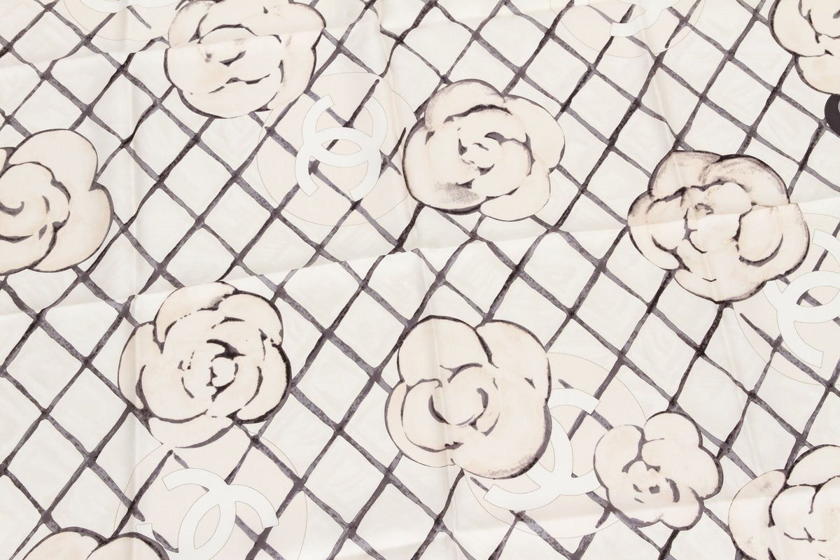 Chanel BN White Camellia Silk Scarf
