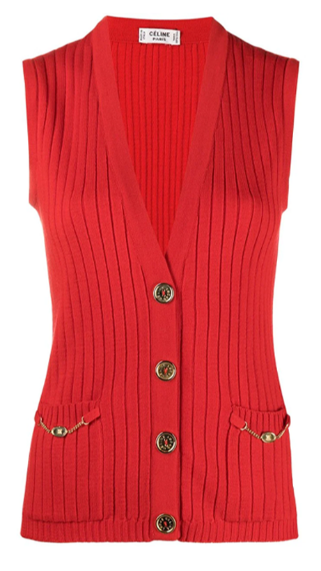 Red sleeveless wool cardigan by Celine, styled as a top, featuring a cozy knit fabric and clean design.