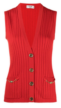 Red sleeveless wool cardigan by Celine, styled as a top, featuring a cozy knit fabric and clean design.