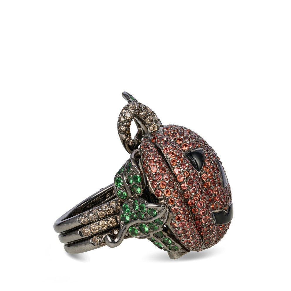 Lydia Courteille pumpkin-shaped ring featuring intricate design, set on a gold band, showcasing detailed craftsmanship.