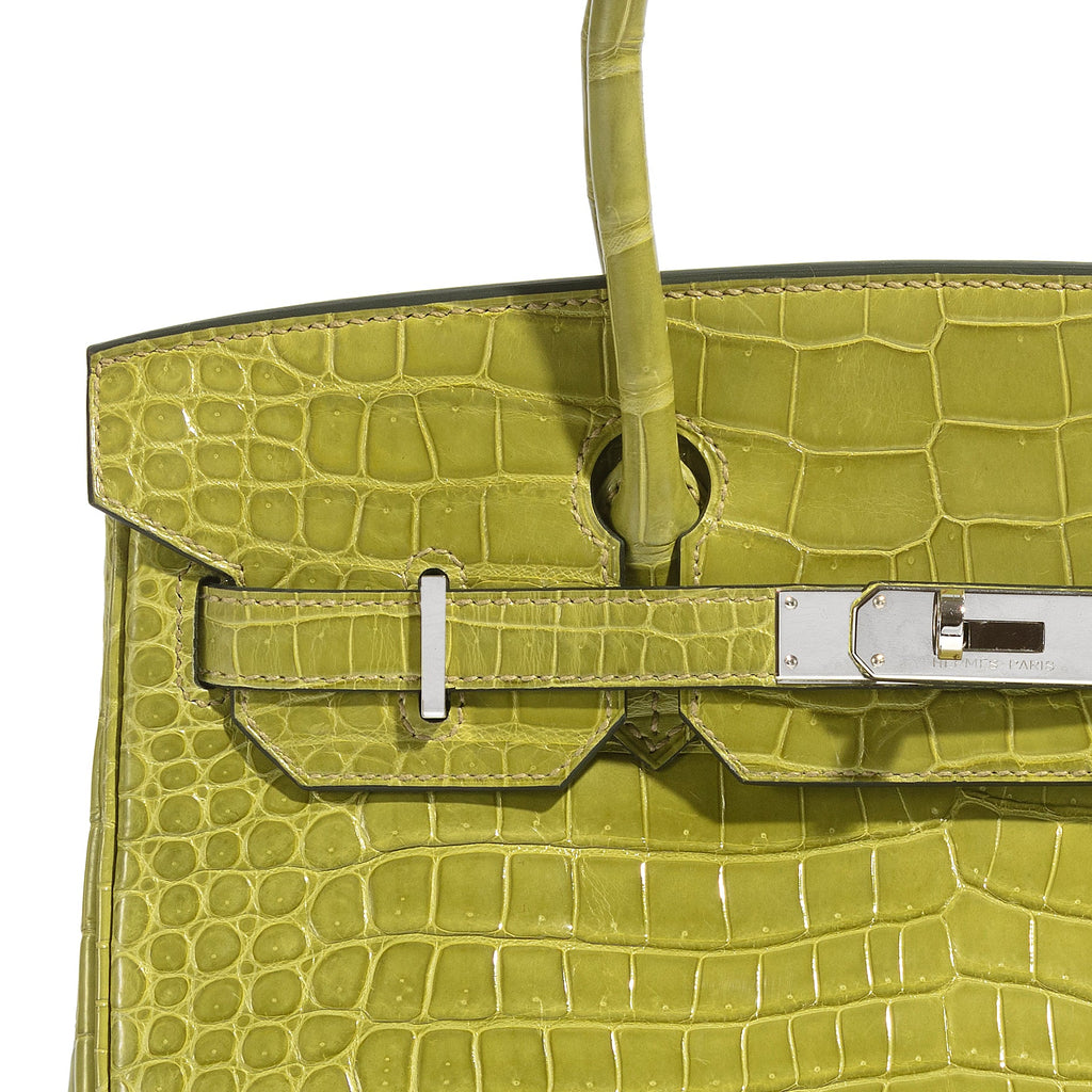 Hermès Birkin 30 Vert Chartreuse PHW top handle bag with gold hardware, showcasing its vibrant color and luxurious leather texture.