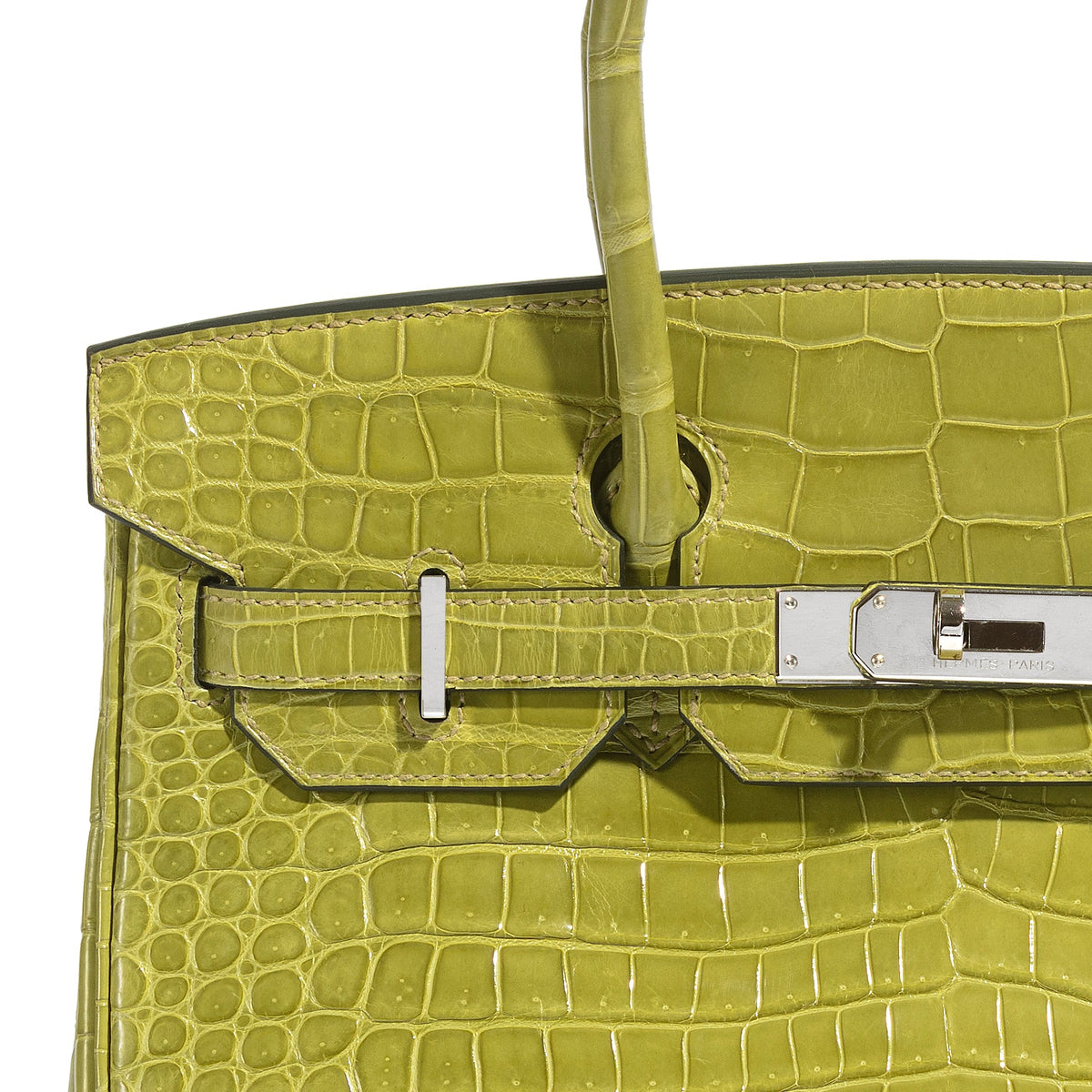 Hermès Birkin 30 Vert Chartreuse PHW top handle bag with gold hardware, showcasing its vibrant color and luxurious leather texture.