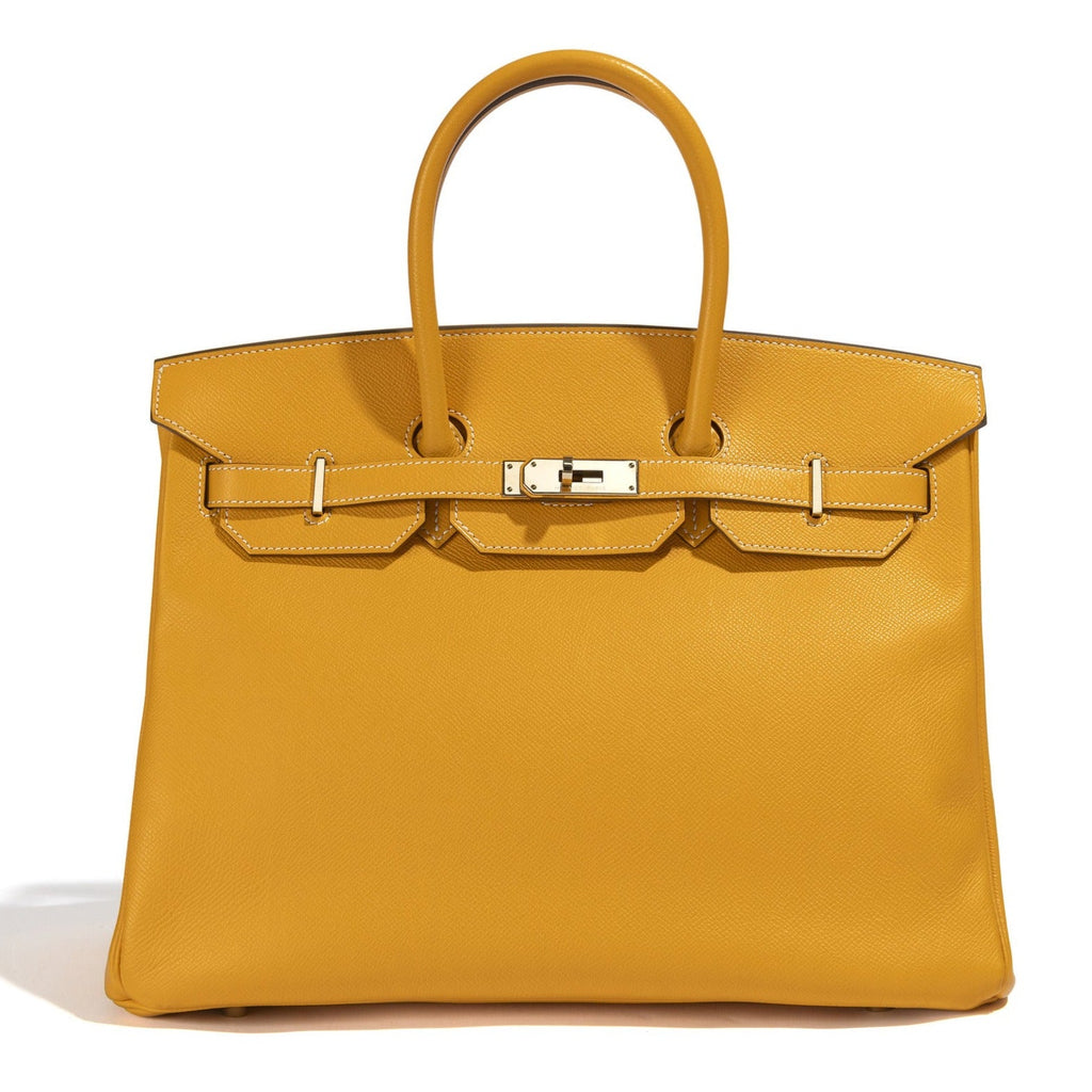 Hermès Birkin 35 Top Handle Bag in Jaune D'or and Potiron Candy Epsom leather, featuring elegant gold hardware.