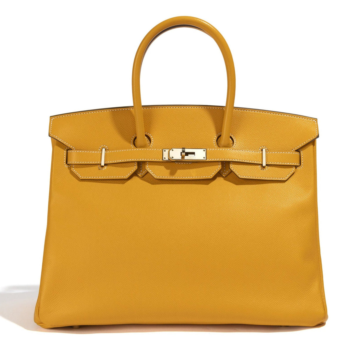 Hermès Birkin 35 Top Handle Bag in Jaune D'or and Potiron Candy Epsom leather, featuring elegant gold hardware.