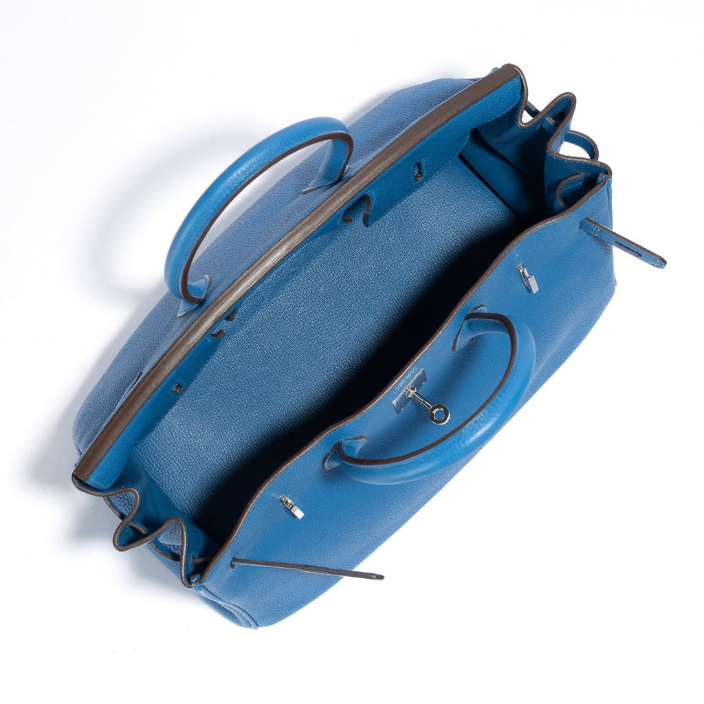 Hermès Birkin 35 Blue Mykonos Epsom top handle bag with palladium hardware, showcasing its elegant design and luxurious leather texture.