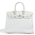 Hermès Birkin 35 White Epsom PHW top handle bag with gold hardware, featuring structured design and rolled leather handles.