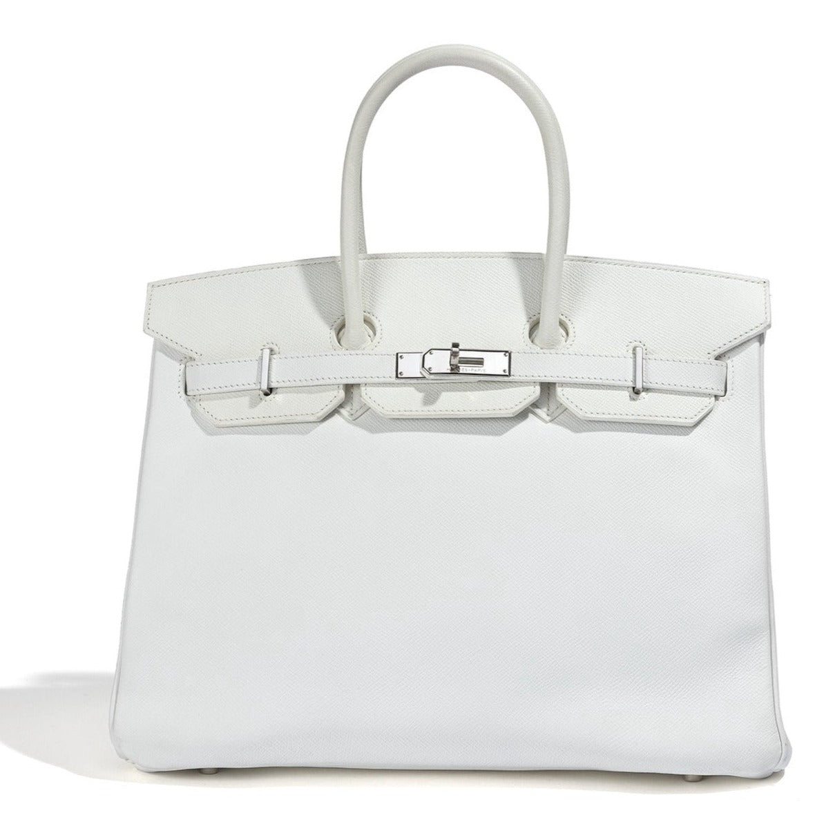 Hermès Birkin 35 White Epsom PHW top handle bag with gold hardware, featuring structured design and rolled leather handles.