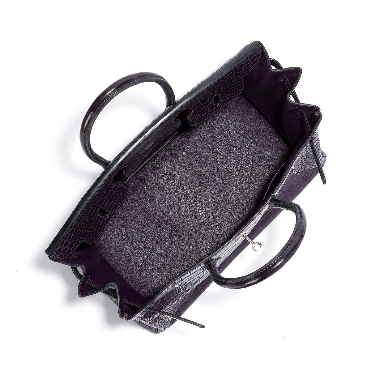 Hermès Birkin 35 Amethyst PHW top handle bag in lush purple leather with gold hardware and structured design.