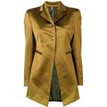 Vintage 1980s Romeo Gigli olive blazer featuring classic tailored design and button closure, styled for a retro sophisticated look.
