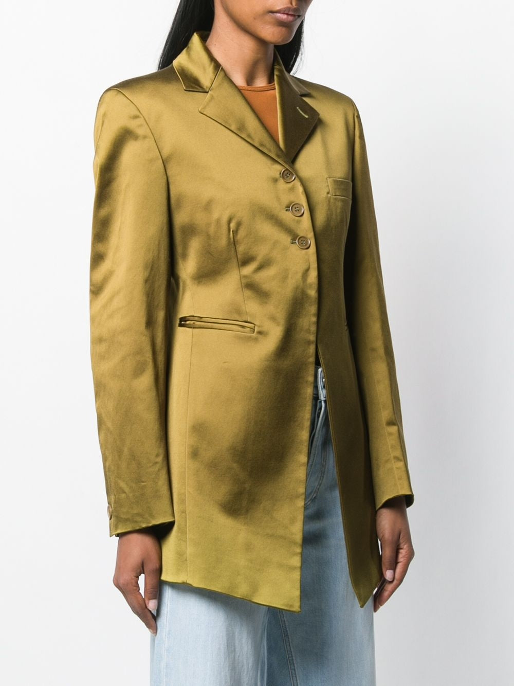 Vintage 1980s Romeo Gigli olive blazer, stylish women's jacket with tailored fit and classic design, perfect for retro fashion.