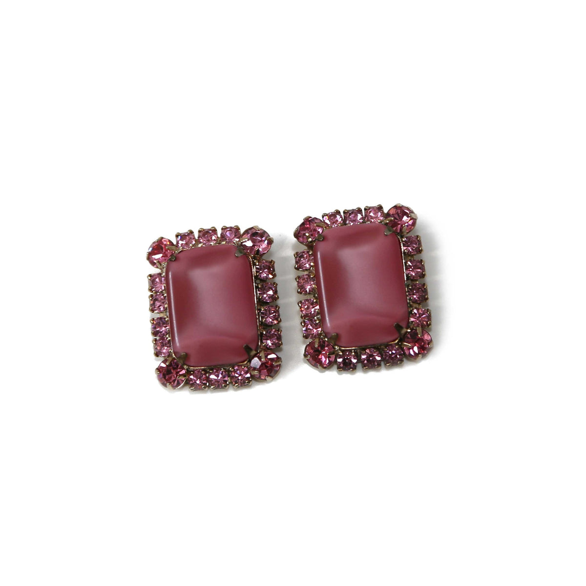 Large pink satin glass and pink crystal gold-tone earrings with vintage jewelry design, featuring elegant dangling details.