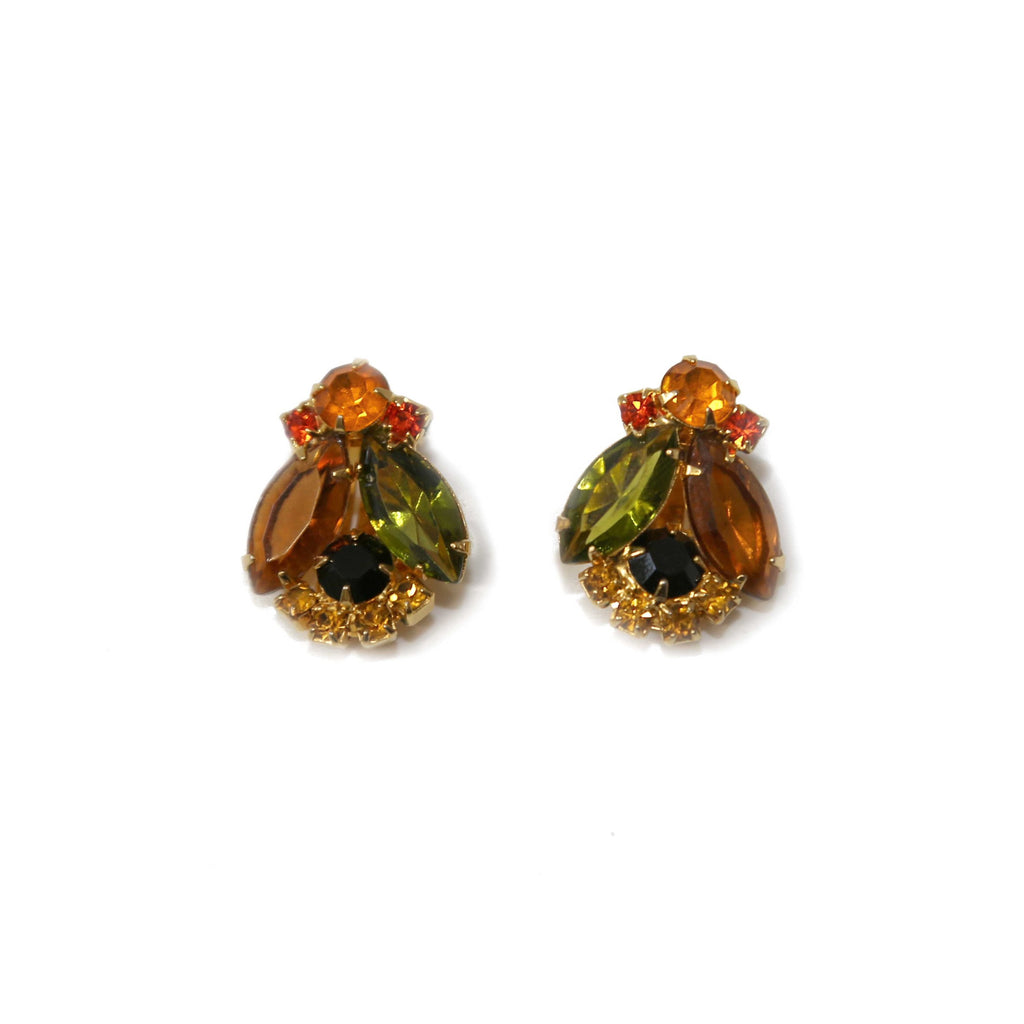 Vintage D&E Juliana 1960s earrings with orange, green, amber crystals and goldtone setting, showcasing intricate retro jewelry design.