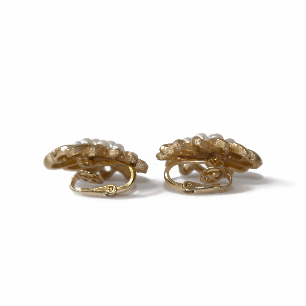 Vintage Finds faux pearl goldtone flower earrings with delicate floral design, perfect for bridal jewelry or special occasions.