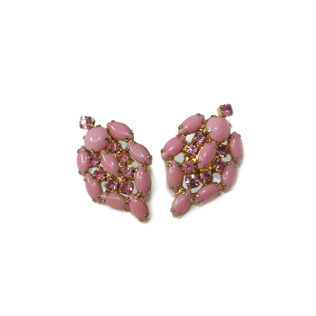 Pink crystal clip-on earrings by Vintage Finds, featuring sparkling pink gemstones and silver-tone metal setting.