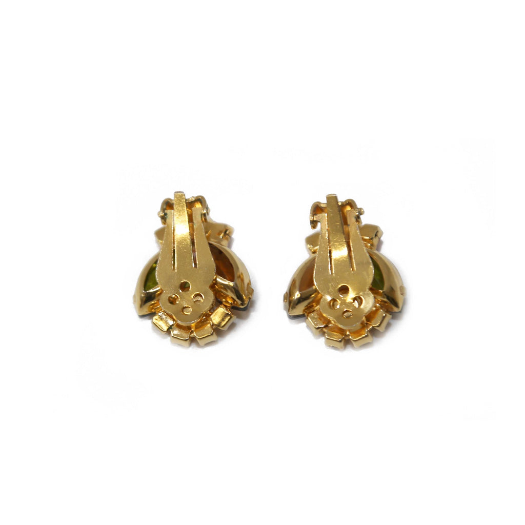 Vintage D&E Juliana 1960s orange, green, amber crystal earrings with goldtone setting, detailed close-up of intricate jewelry design.