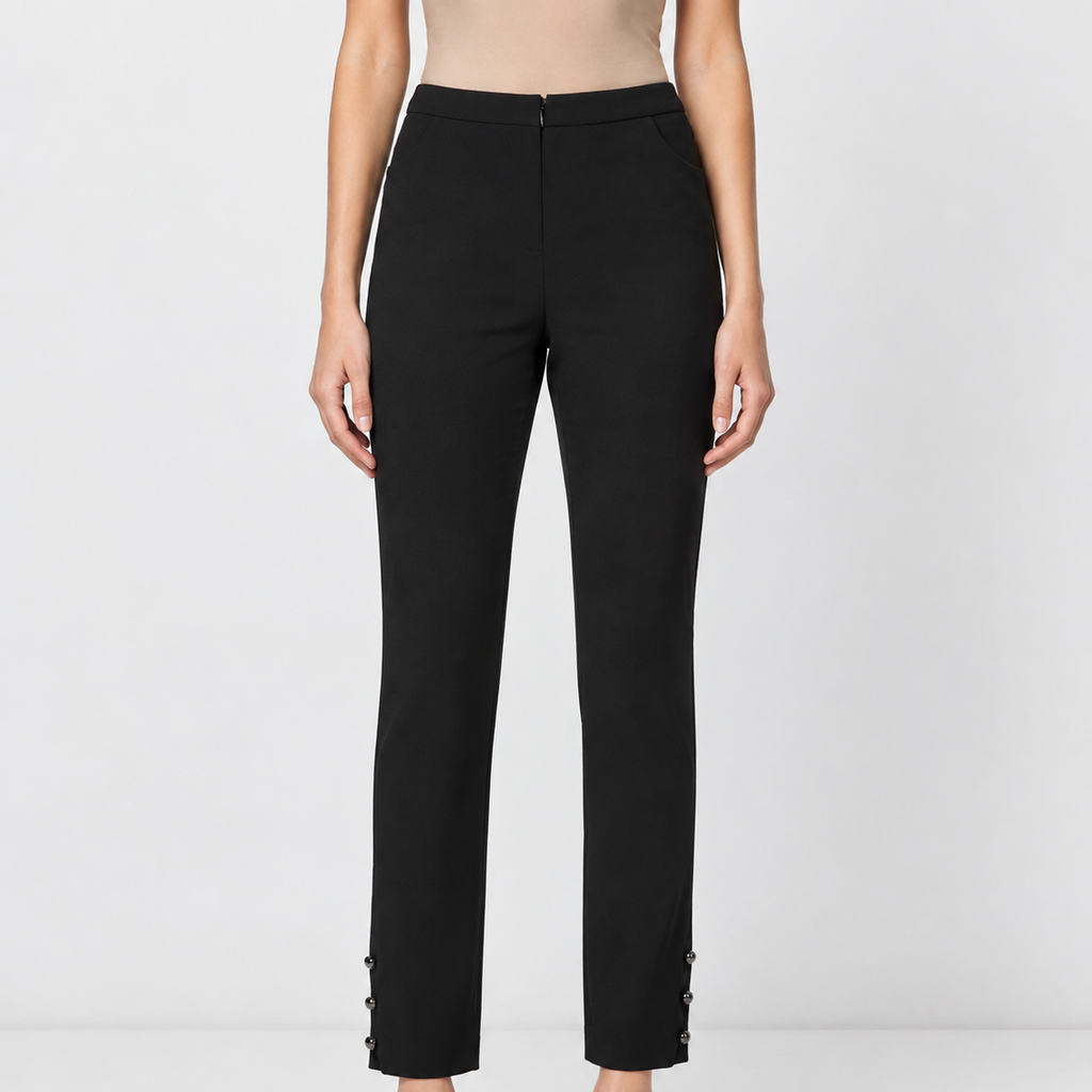 Chanel black silk trousers with tailored fit and ankle button details, featuring a sleek and elegant design.