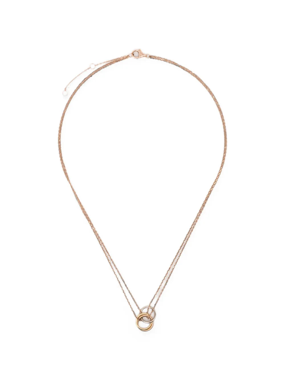 Cartier Tri-Color Gold Trinity Mini Necklace featuring interlinked gold bands in yellow, white, and rose gold on a delicate chain.
