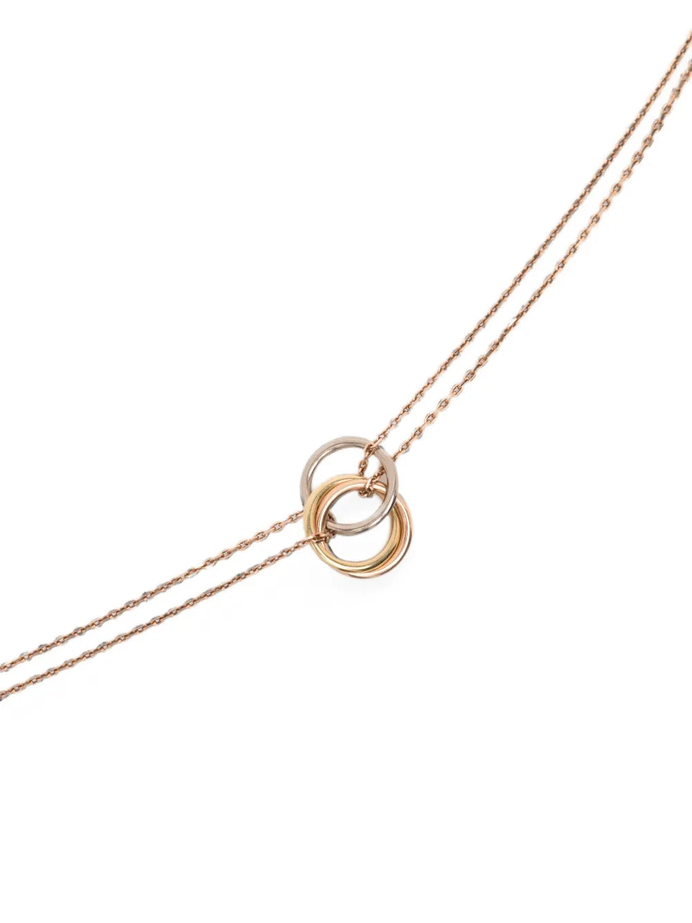 Cartier Tri-Color Gold Trinity Mini Necklace with intertwined gold bands in yellow, white, and rose gold, close-up view.