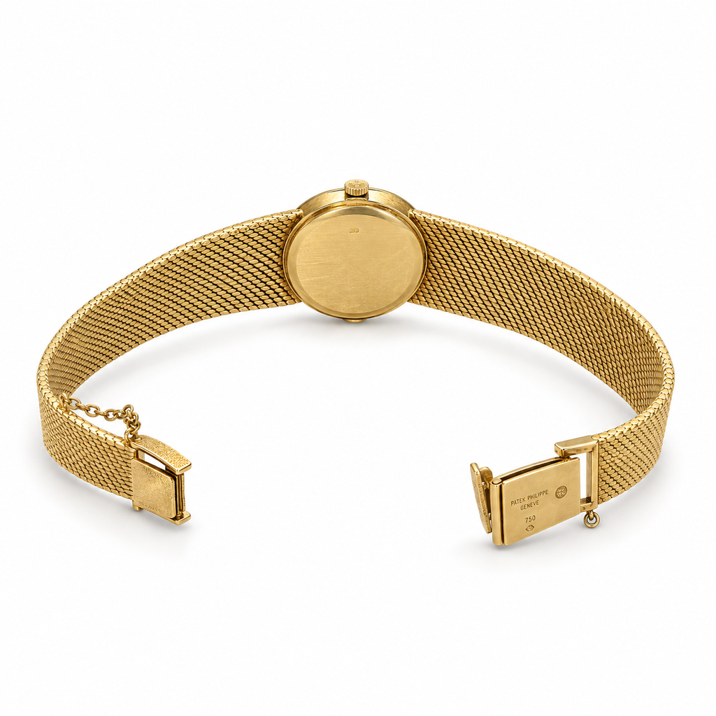 Vintage Patek Philippe Ellipse 4139/1 18K gold ladies bracelet watch with a sleek, classic design and oval-shaped face.