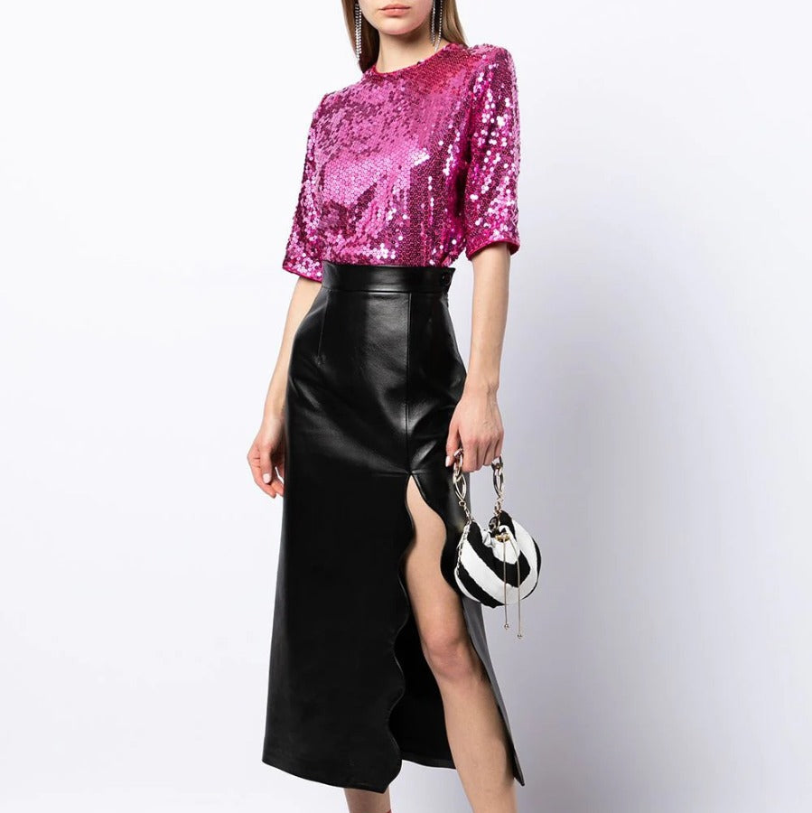 Yves Saint Laurent Rive Gauche sequin top with shimmering gold sequins, long sleeves, and a fitted silhouette.