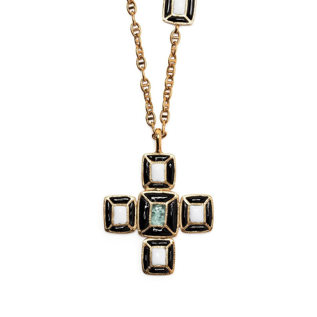 Vintage Finds Gripoix Cross long necklace featuring colorful glass beads and a decorative cross pendant.