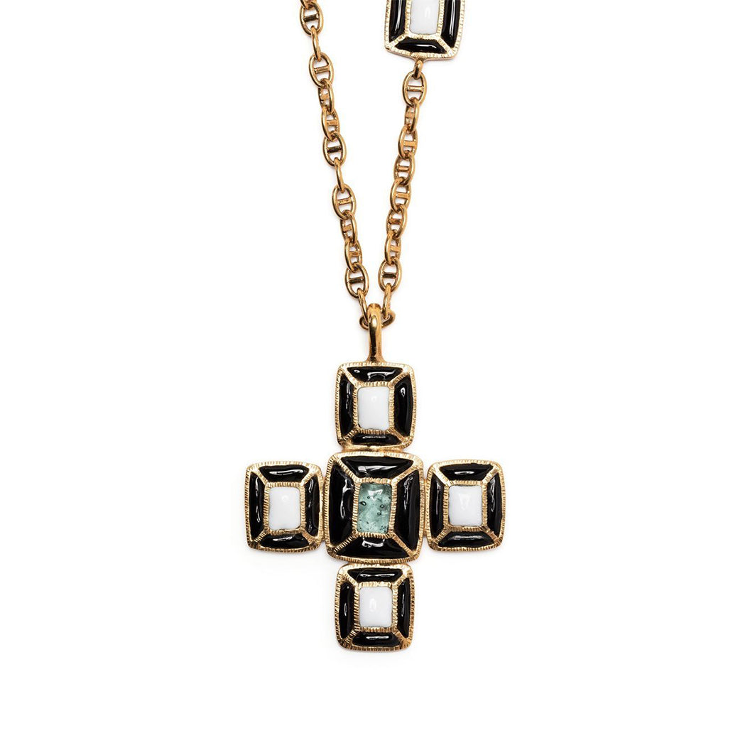 Vintage Finds Gripoix Cross long necklace featuring colorful glass beads and a decorative cross pendant.