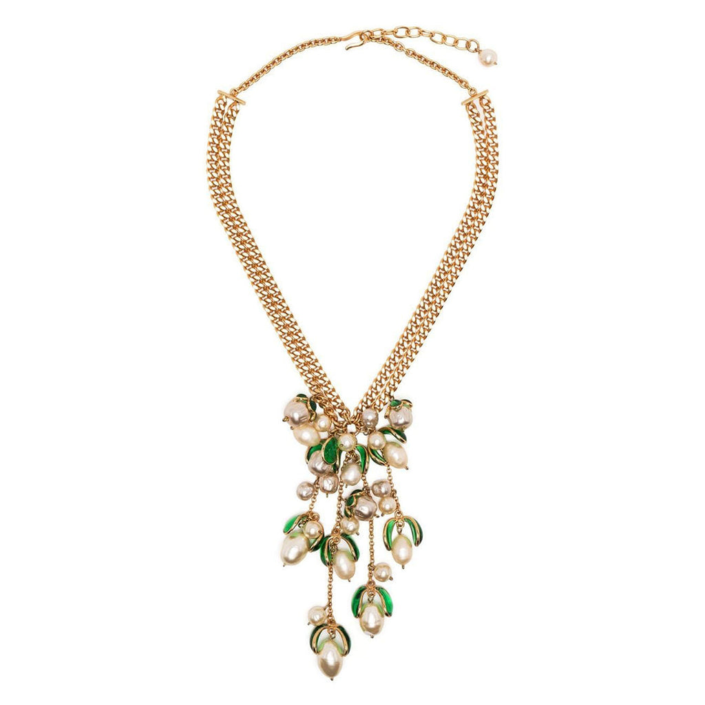 Green petal pendant necklace by Vintage Finds featuring a delicate, vintage-inspired design with amethyst and glass beads.